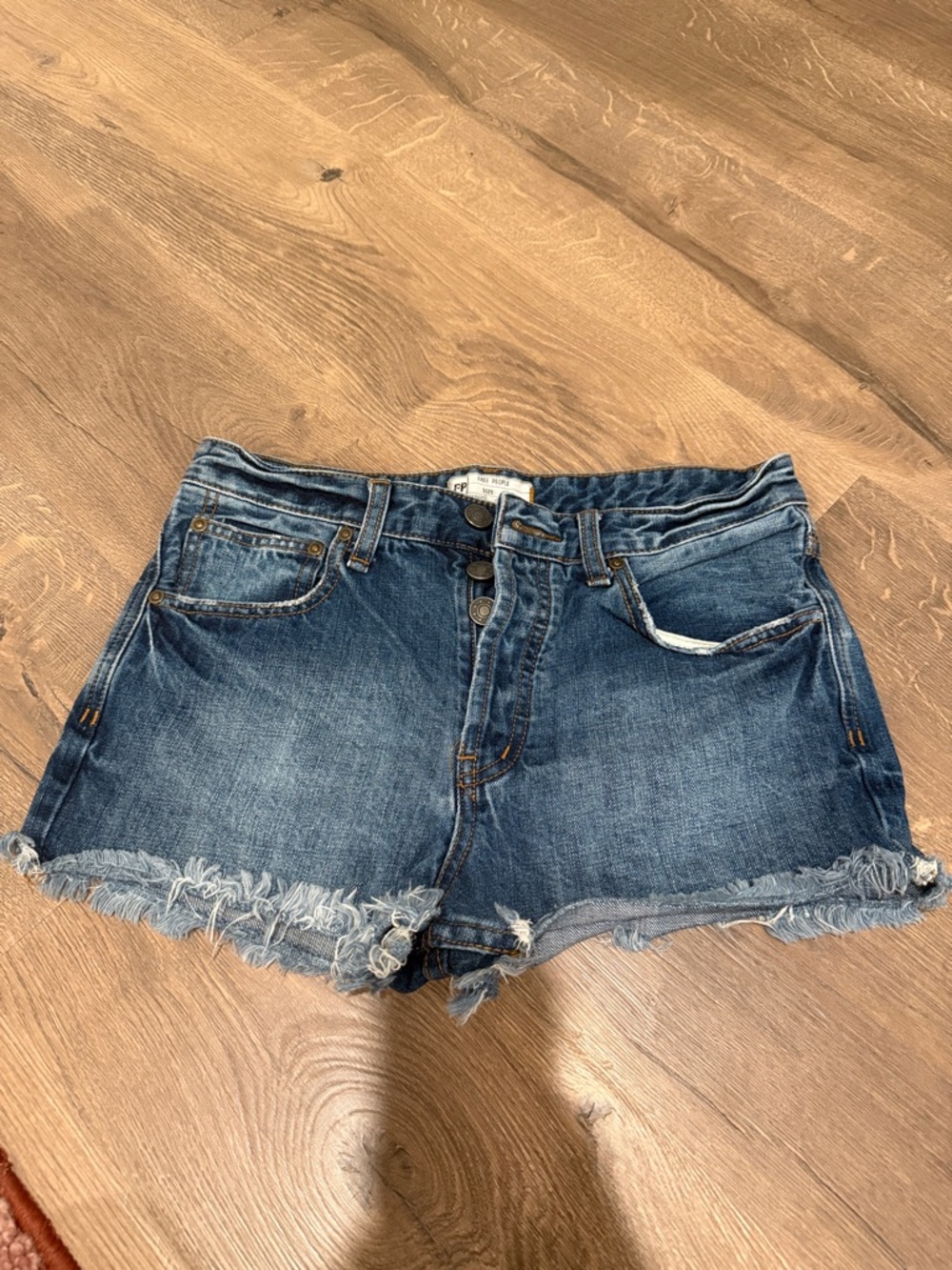Free People Dark Blue Frayed Hem Denim Shorts
